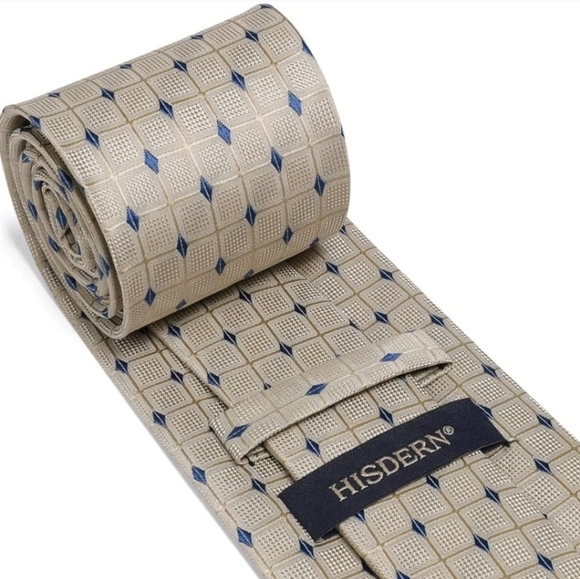 Hisdern Beige & Blue Checkered Tie with Matching Pocket Square, Silk Blend, NIB - Picture 3 of 4